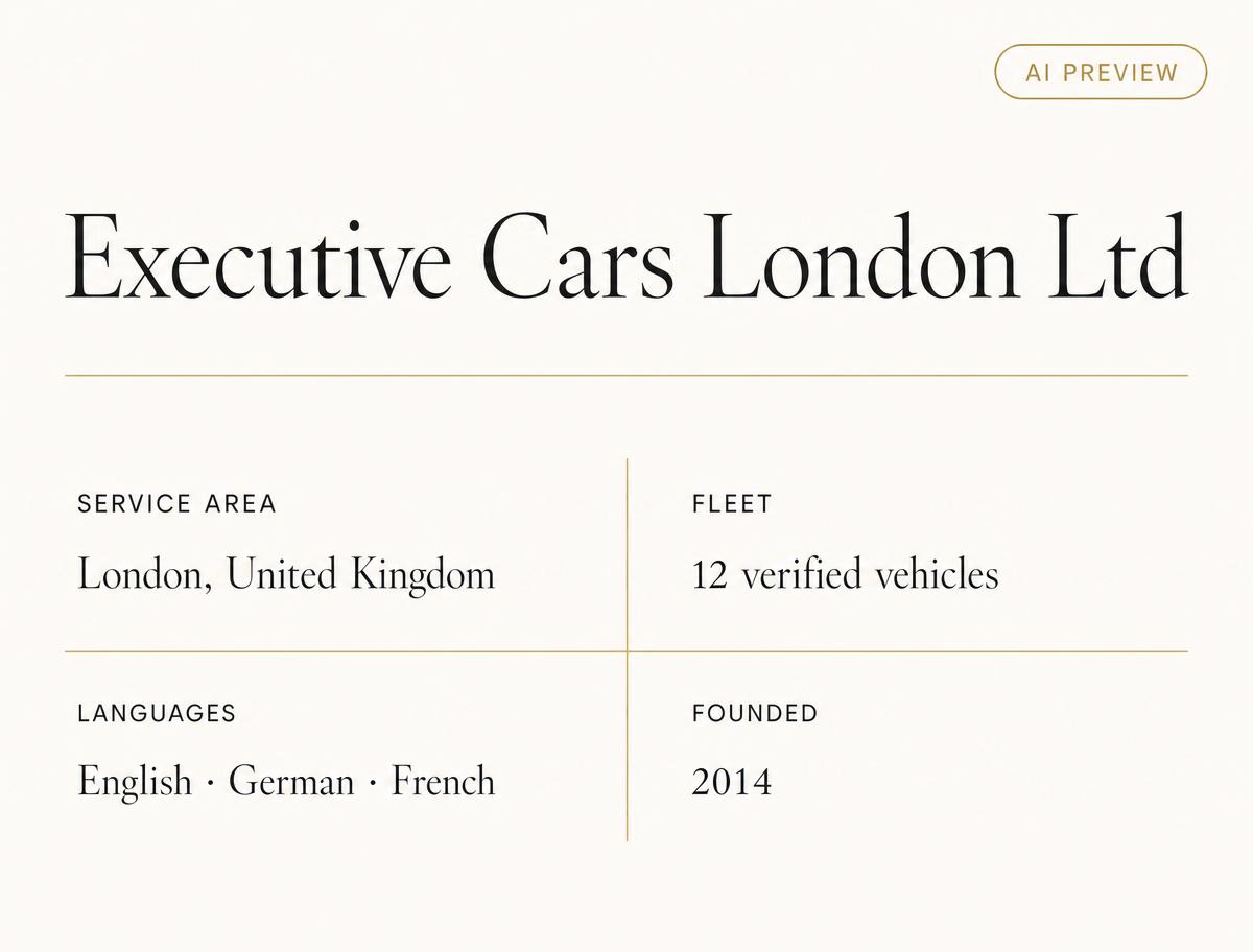 AI-generated company profile preview showing service area, fleet, languages and founding year
